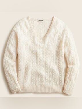 🌟J. CREW🌟 100% CASHMERE RELAXED V NECK CABLE KNIT SWEATER IVORY SZ S